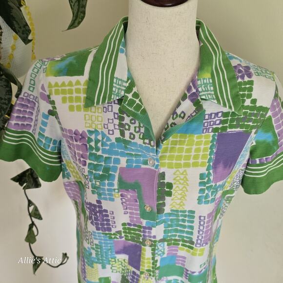 70s Vtg Button Short Sleeve Polyester Geometric Green Purple Dagger Collar Shirt - Picture 3 of 8